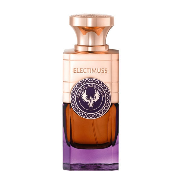 Electimuss - Amber Aquilaria Flakon mit kupferfarbenem Verschluss und bernstein-violettem Glas in eleganter, zeitloser Formgebung