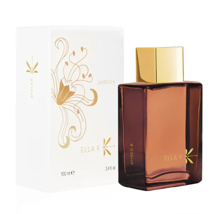 Ella K - Amber K Parfumflakon in warmem Bernstein mit elegantem goldfarbenem Verschluss und filigranem Verpackungsdesign