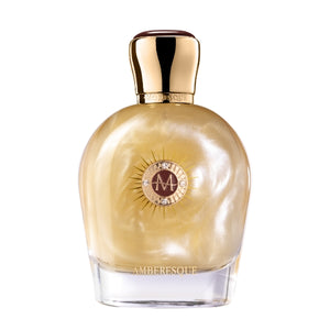 Moresque Parfum - Art of Blend - Amberesque Flakon mit goldfarbenem Verschluss und schimmernder bernsteinfarbener Flüssigkeit