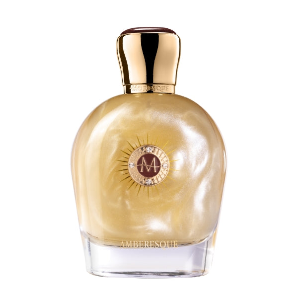 Moresque Parfum - Art of Blend - Amberesque Flakon mit goldfarbenem Verschluss und schimmernder bernsteinfarbener Flüssigkeit