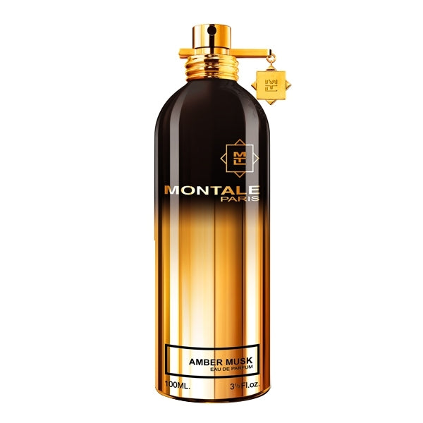 Montale - Amber Musk Flakon mit goldenem Verschluss in schimmerndem Schwarz-Gold-Verlauf vor weißem Hintergrund