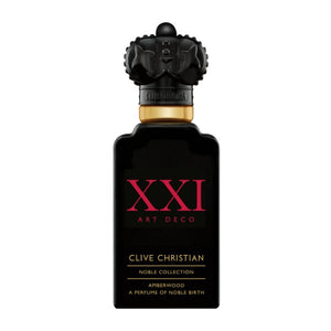 Clive Christian - Noble Collection - Amberwood zeigt schwarzen Flakon mit goldfarbenen Akzenten und roter XXI Beschriftung