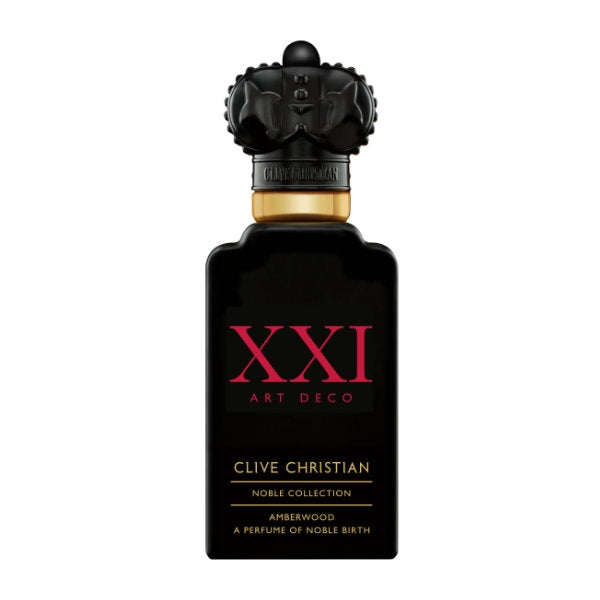 Clive Christian - Noble Collection - Amberwood zeigt schwarzen Flakon mit goldfarbenen Akzenten und roter XXI Beschriftung