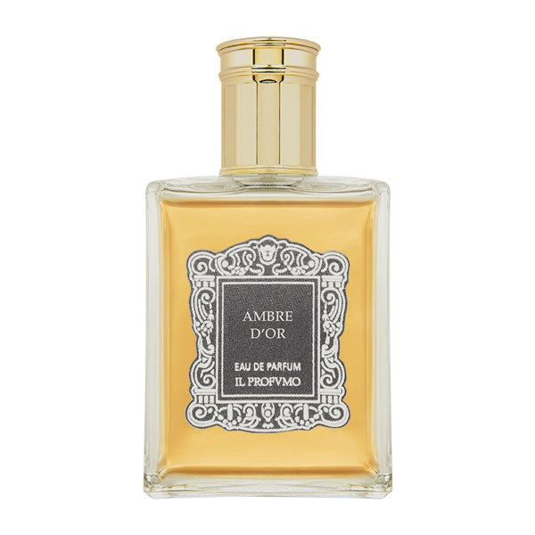 Il Profumo - Ambre d'Or Parfumflakon mit bernsteinfarbenem Inhalt und goldenem Verschluss vor weißem Hintergrund