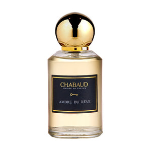 Chabaud - Ambre du rêve Parfumflakon mit goldglänzendem Deckel und elegantem schwarzem Etikett in klarem Glas