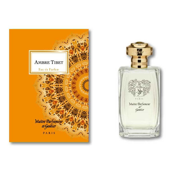 Maître Parfumeur et Gantier - Ambre Tibet Parfumflakon mit goldenem Verschluss und oranger Verpackung mit Mandala-Muster
