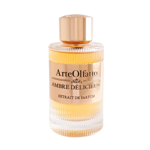 ArteOlfatto - Ambre Délicieuse Parfumflakon mit warmem Ambra-Ton und elegantem goldfarbenen Verschluss auf weißem Hintergrund