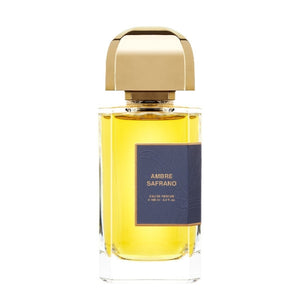 bdk Parfums - Collection Exclusive - Ambre Safrano Parfumflakon mit goldenem Verschluss und dunkelblauer Etikette vor weißem Hintergrund