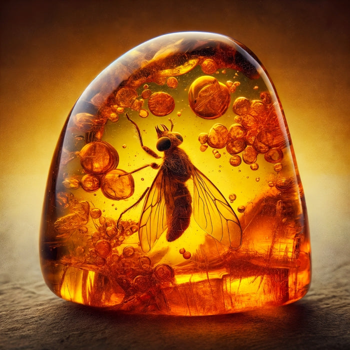 Nectar Olfactif - Ambre Cristal zeigt ein detailreiches Bienenfossil in golden schimmerndem Bernstein einschlusstes Kunstwerk