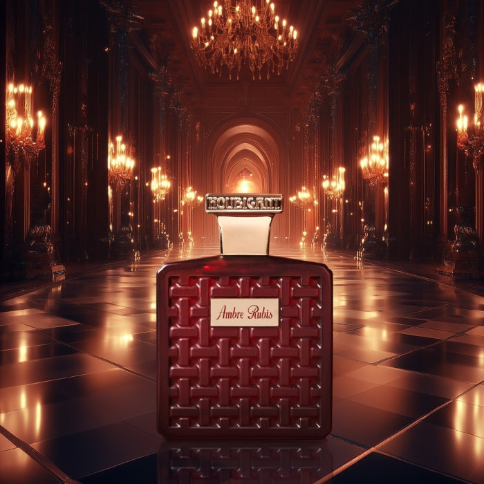 Houbigant - Collection les Ambres - Ambre Rubis Flakon in tiefrotem Design vor prunkvollem, golden beleuchtetem Palastinnenraum