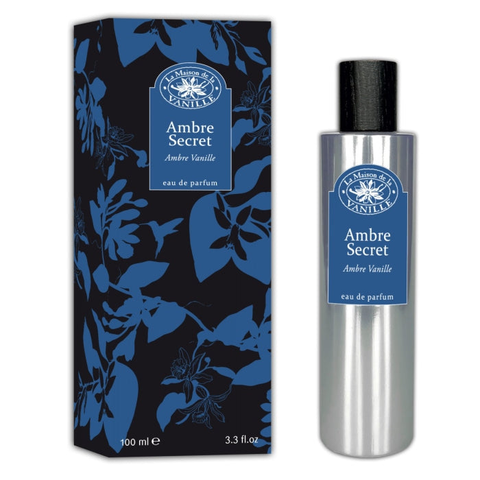 La Maison de la Vanille - Absolu D`Orient - Ambre Secret Parfum mit silberner Flasche und dunkelblauem floralem Karton