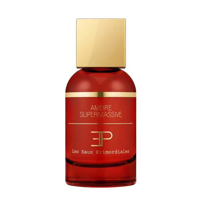 Les Eaux Primordiales - Ambre Supermassive Parfümflakon in tiefrot mit goldfarbenem Verschluss und minimalistischer Schriftgestaltung