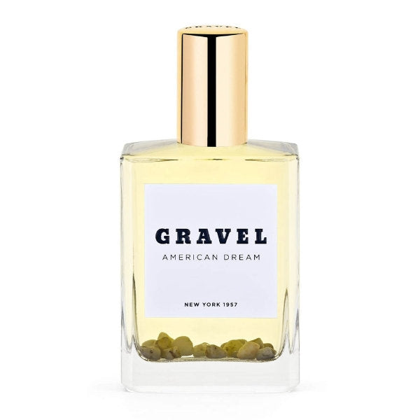 Gravel - American Dream Parfumflakon mit goldfarbenem Verschluss und dekorativen Kieselsteinen im Glasbehälter