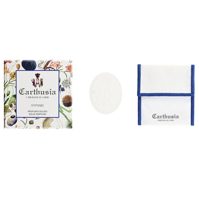 Carthusia - A'MMARE - Creme Parfum mit maritim bedruckter Geschenkbox, zartem Duftstein und Stoffetui mit blauem Rand