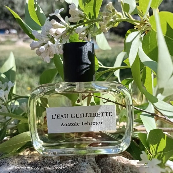 Anatole Lebreton - L'Eau Guillerette klarer Flakon mit schlichtem Etikett umgeben von grünen Blättern und weißen Blüten