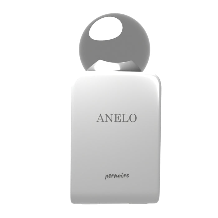 Pernoire - Odus Collection - Anelo zeigt minimalistischen weißen Flakon mit rundem silbernem Verschluss vor hellem Hintergrund