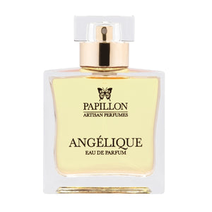 Papillon Perfumery - Angélique Parfümflakon mit goldgelber Flüssigkeit und klarem Verschluss vor weißem Hintergrund