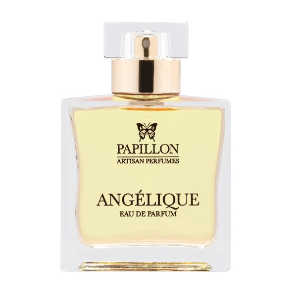 Papillon Perfumery - Angélique Parfümflakon mit goldgelber Flüssigkeit und klarem Verschluss vor weißem Hintergrund