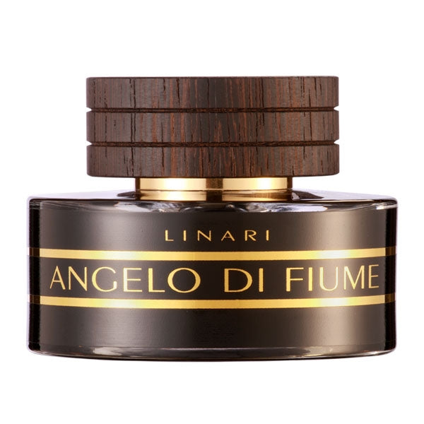 Linari - Angelo Di Fiume rundes, dunkles Glasflakon mit goldenen Akzenten und massiven Holzdeckel vor weißem Hintergrund