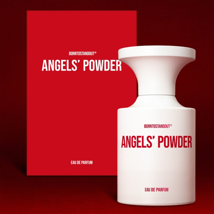 BORNTOSTANDOUT - Angels´ Powder Parfumflakon in modernem weiß mit rotem Schriftzug vor rotem Hintergrund
