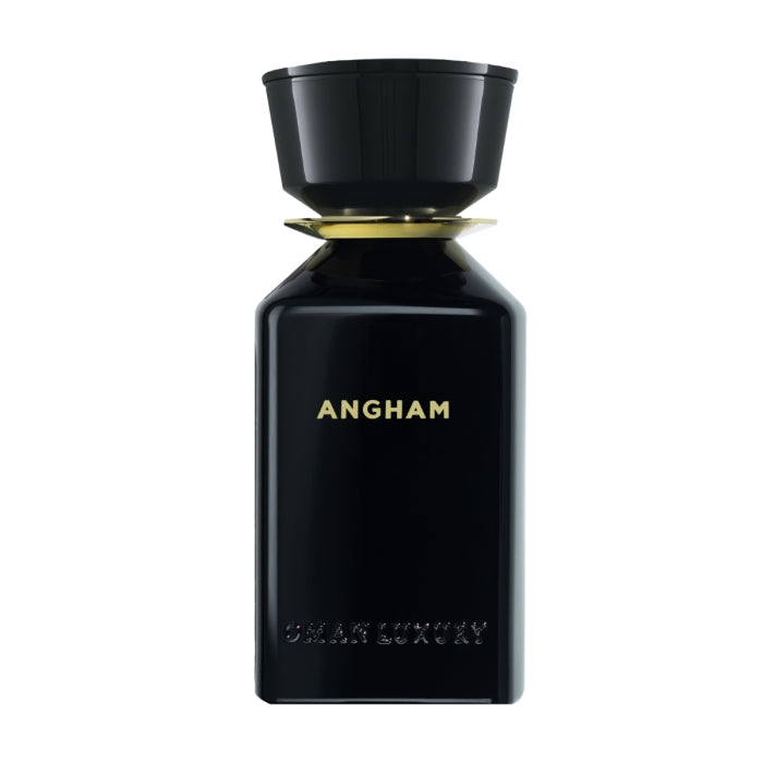 Omanluxury - Angham - Limited Collection Parfümflakon in elegantem schwarzen Design mit goldener Schrift auf weißem Hintergrund