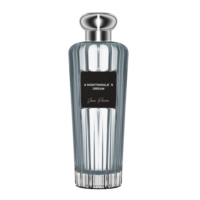 Jean Poivre - A Nightingale's Dream Parfumflakon in klarem Glas mit silbernem Verschluss und schwarzem Etikett auf weißem Hintergrund