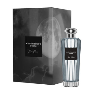 Jean Poivre - A Nightingale's Dream Parfumflakon mit silbernem Verschluss vor Mond- und Wolkenmotiv auf dunklem Hintergrund