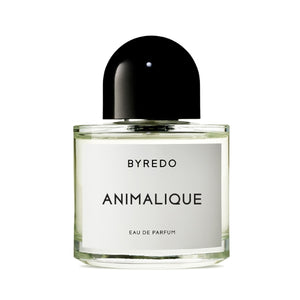 Byredo - Animalique Parfumflakon mit schwarzem Deckel und klarer Glasflasche vor weißem Hintergrund