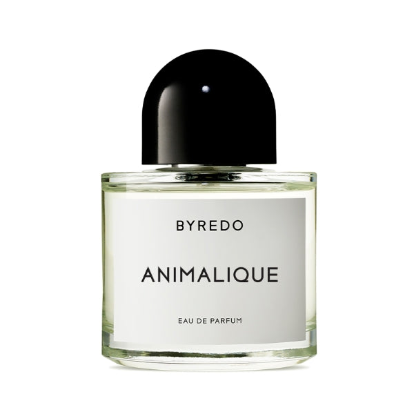 Byredo - Animalique Parfumflakon mit schwarzem Deckel und klarer Glasflasche vor weißem Hintergrund