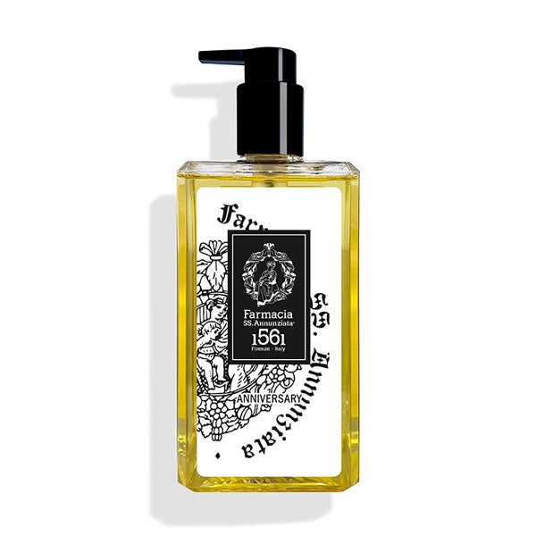 Farmacia SS. Annunziata - Anniversary - Duschgel in klarer Flasche mit schwarzem Pumpspender und goldener Flüssigkeit
