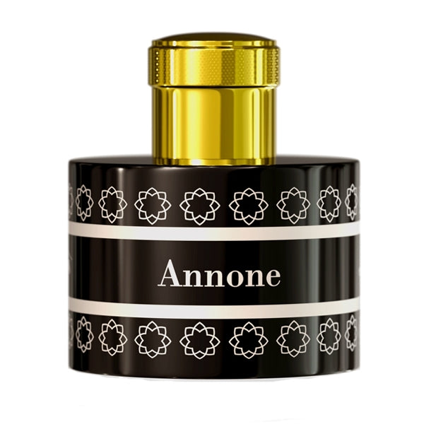 Pantheon Roma - Annone Parfumflakon in schwarzem Design mit weißem Muster und goldenem Verschluss vor weißem Hintergrund