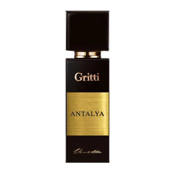 Gritti - Black Collection - Antalya Parfumflakon in schwarzem Design mit goldfarbenem Etikett und elegantem Schriftzug frontal dargestellt