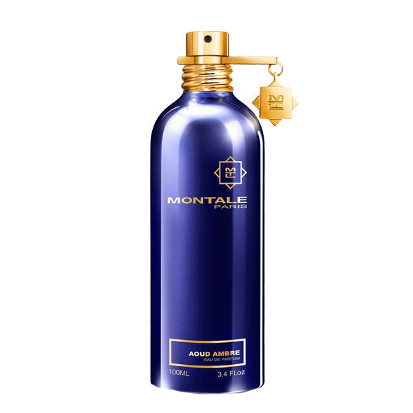 Montale - Aoud Ambre blauer Metallflakon mit goldfarbenem Sprühkopf und Anhänger vor weißem Hintergrund