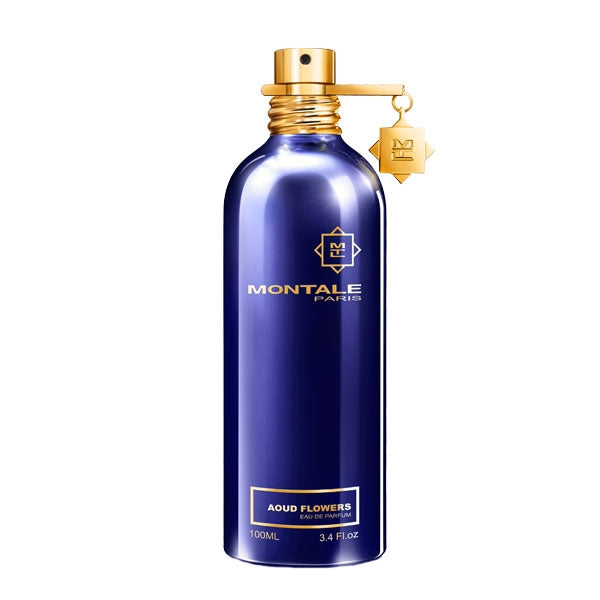 Montale - Aoud Flowers Parfum in glänzendem blauem Flakon mit goldfarbenem Sprühkopf und Anhänger vor weißem Hintergrund