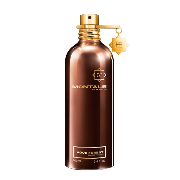 Montale - Aoud Forest brauner Flakon mit goldfarbenem Sprühverschluss und Anhänger vor weißem Hintergrund