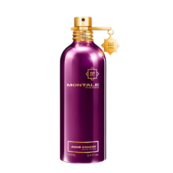 Montale - Aoud Greedy zeigt glänzenden lila Flakon mit goldfarbenem Verschluss und elegantem Logo in edlem Design