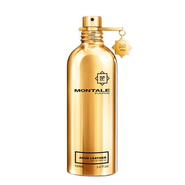 Montale - Aoud Leather Flakon in glänzendem Gold mit dekorativem Anhänger vor weißem Hintergrund