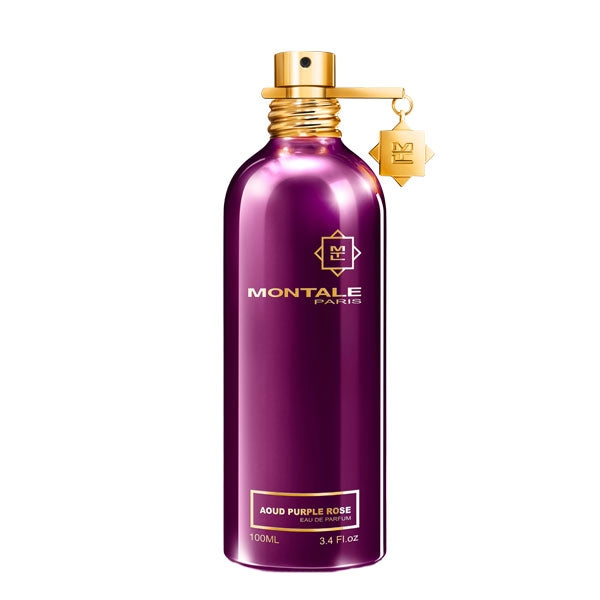 Montale - Aoud Purple Rose edler violetter Flakon mit goldfarbenem Verschluss und feinem Anhänger am Sprühkopf