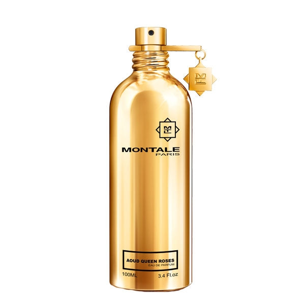 Montale Aoud Queen Roses Eau de Parfum in reflective gold bottle with black logo and charm on white background
