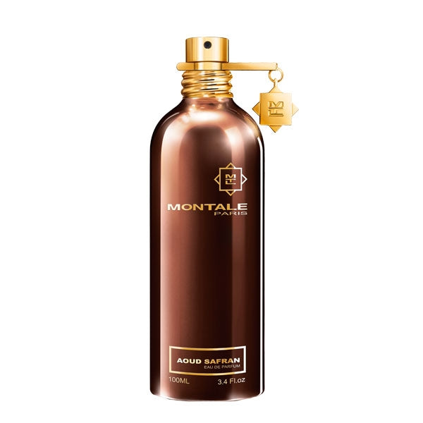 Montale - Aoud Safran Parfumflakon in glänzendem Bronze mit goldenem Sprühkopf und dekorativem Anhänger vor weißem Hintergrund