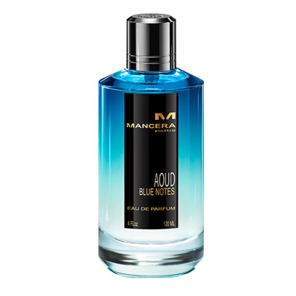Mancera - Aoud Blue Notes Parfümflakon mit blau-weißem Verlauf und silbernem Verschluss vor weißem Hintergrund