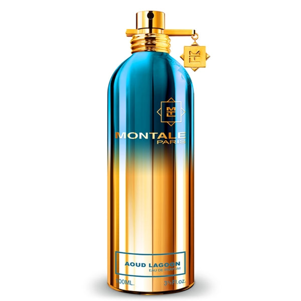 Montale - Aoud Lagoon Parfumflakon in metallic blau-goldener Farbverlauf mit goldenem Spraykopf vor weißem Hintergrund