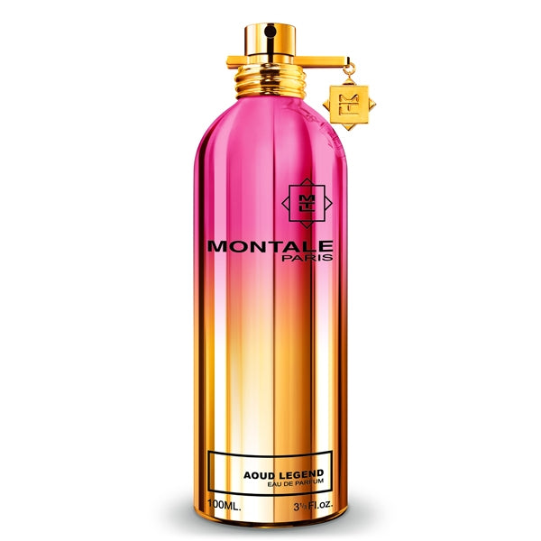 Montale - Aoud Legend Parfumflakon mit pink-goldenem Farbverlauf und goldenem Verschluss vor weißem Hintergrund