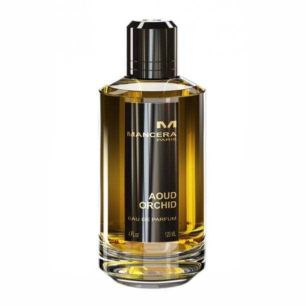 Mancera - Aoud Orchid Parfumflakon mit transparentem Glas und goldenem Inhalt vor weißem Hintergrund