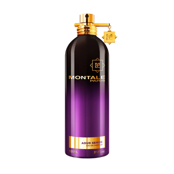 Montale - Aoud Sense Parfümflakon in lila-schwarzem Design mit goldenem Verschluss vor weißem Hintergrund