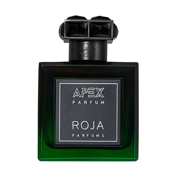Roja Parfums - APEX Parfum Flakon in Grün-Schwarz mit markantem schwarzem Verschluss und edlem Etikett auf weißem Hintergrund