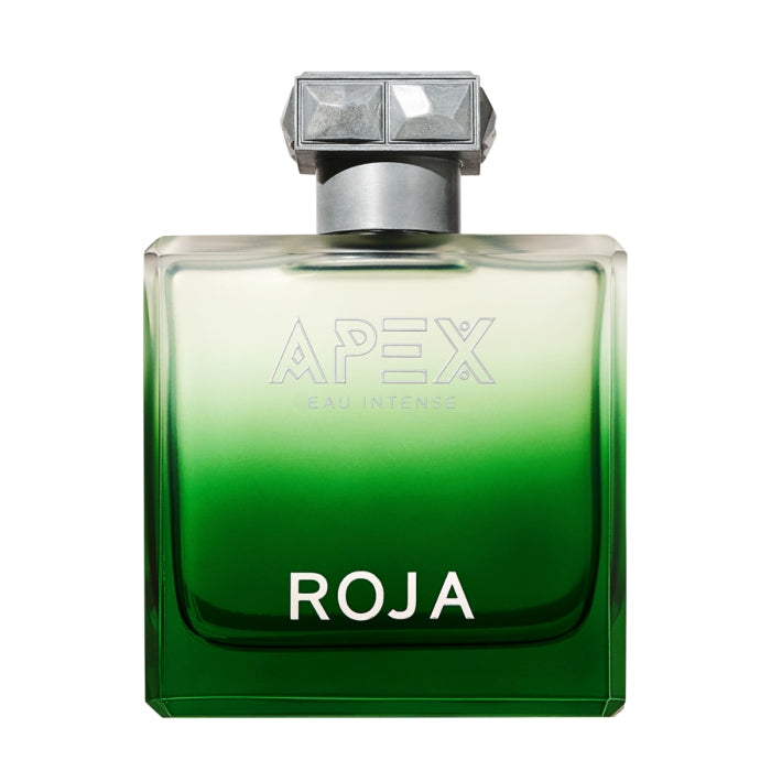 Roja Parfums - APEX Eau Intense zeigt eleganten Flakon mit grün verlaufendem Glas und silbernem Verschluss auf weißem Hintergrund