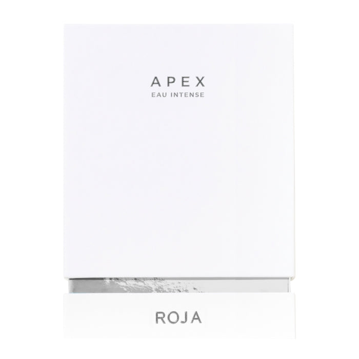 Roja Parfums - APEX Eau Intense zeigt minimalistische weiße Verpackung mit einfachem Schriftzug und silbernem Akzent