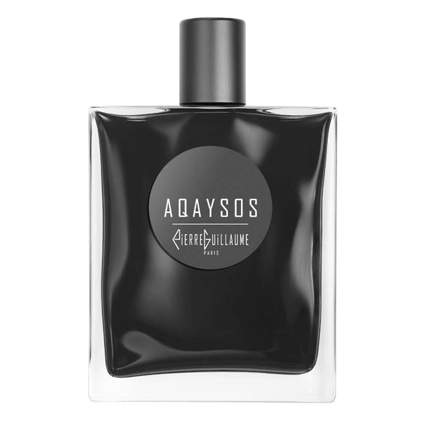 Pierre Guillaume - Black Collection - Aqaysos Parfumflakon mit schwarzem Design und rundem Label vor weißem Hintergrund
