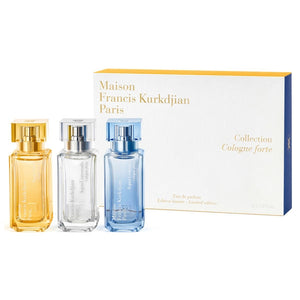 Maison Francis Kurkdjian Paris - Aqua Cologne Forte Coffret mit drei eleganten Parfümflakons in Gelb, Transparent und Blau